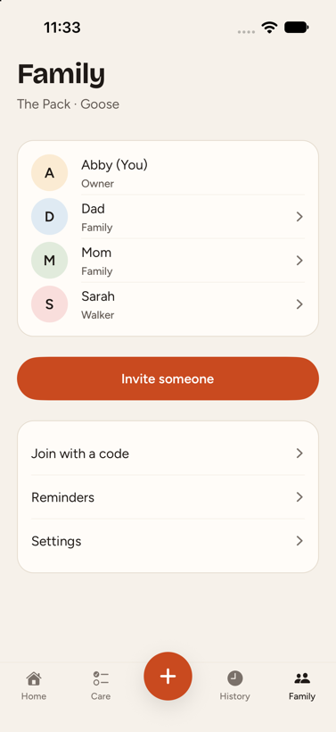 The Family screen: Abby as Owner, Dad and Mom as Family, and Sarah as Walker.