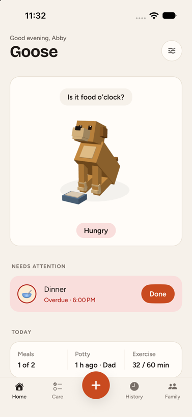 The LittlePaw home screen: Goose, a blocky 3D dog, looks hungry above the care that needs attention.