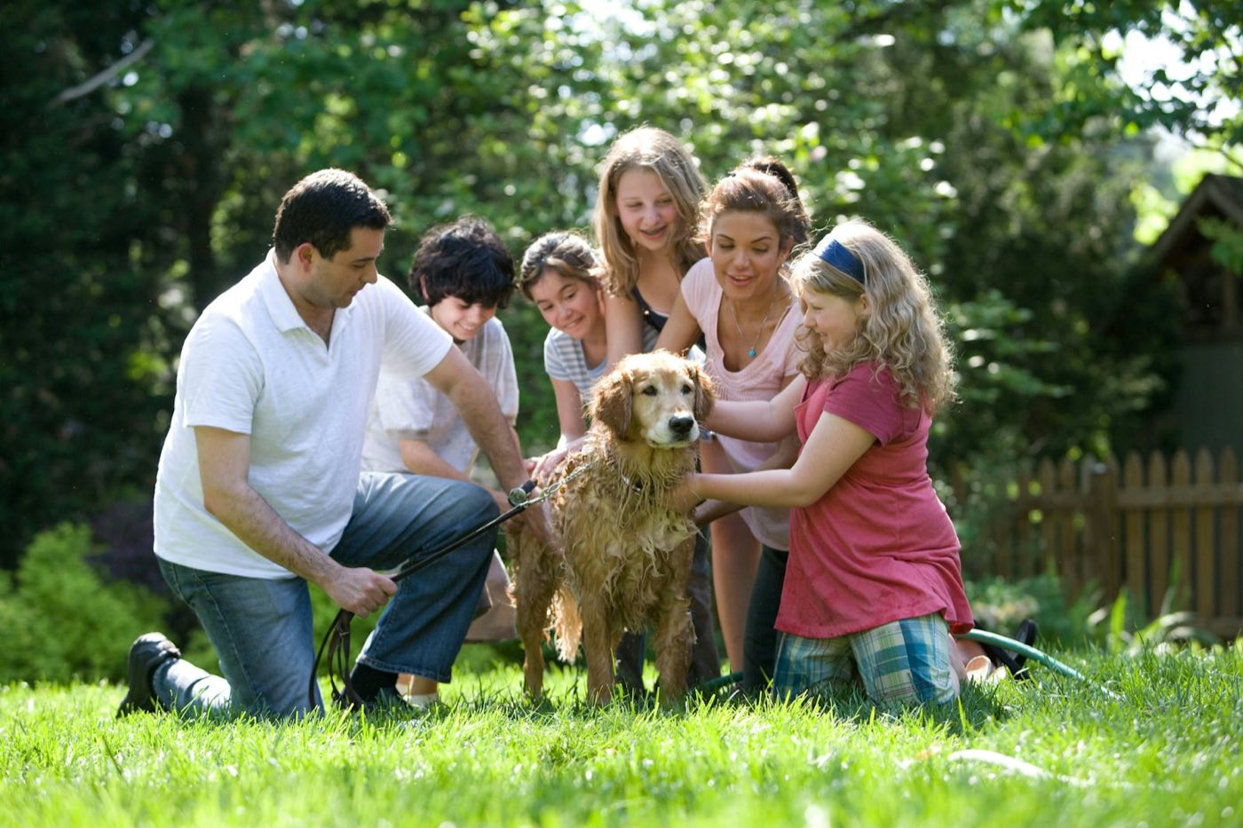 A family kneels on the lawn around their golden retriever.