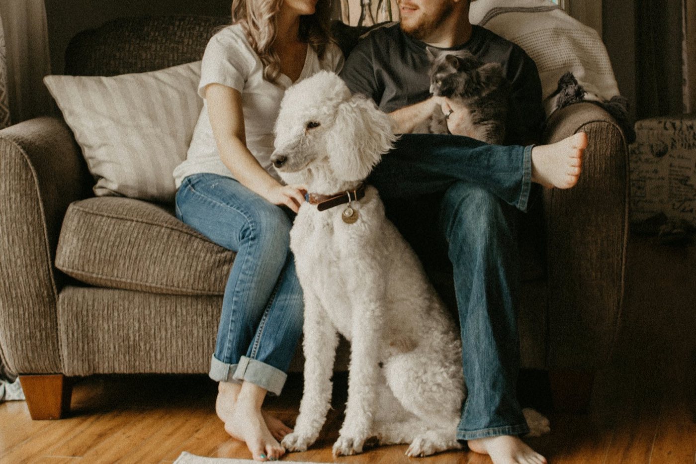 A couple on a sofa with their white poodle and a cat.